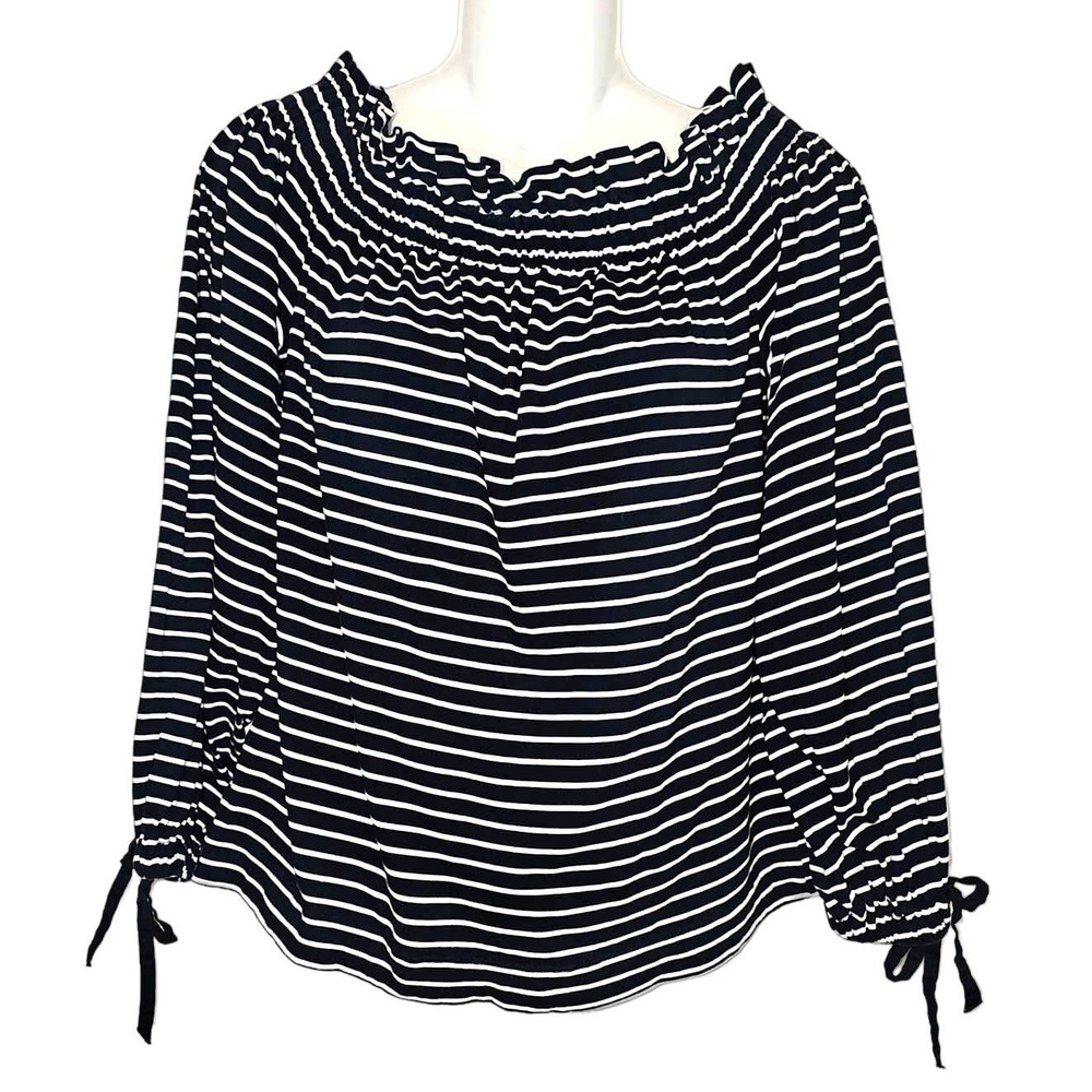 Banana Republic Supima Crop Top Off the Shoulder Navy White Stripes Womens Med